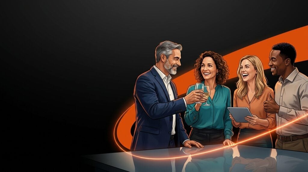 Happy, confident business clients celebrating success together